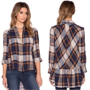 Free People Oversized Plaid Button Down with ruffled back